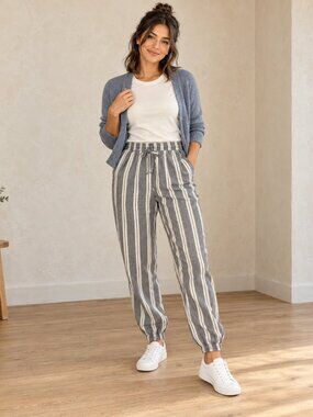 Love Streak Gray White Striped Elastic-Waist Bottoms Pants Joggers Linen Blend